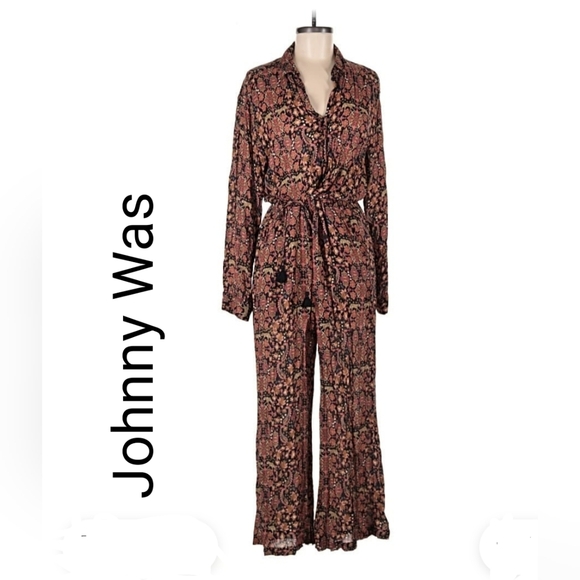 Johnny Was Black/ Burnt Orange  Jumpsuit With Tie EUC Size M - Picture 2 of 6